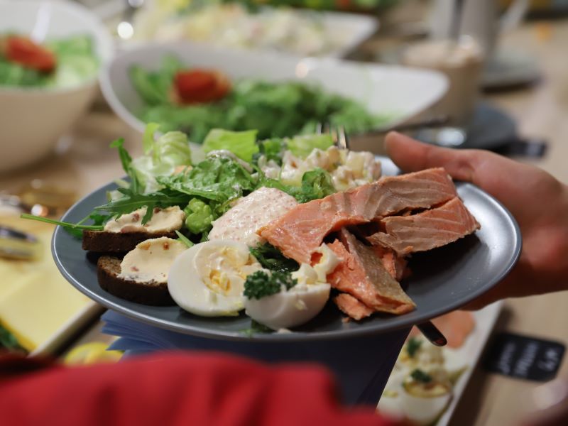 Kädessä lautanen, jossa ruokaa.